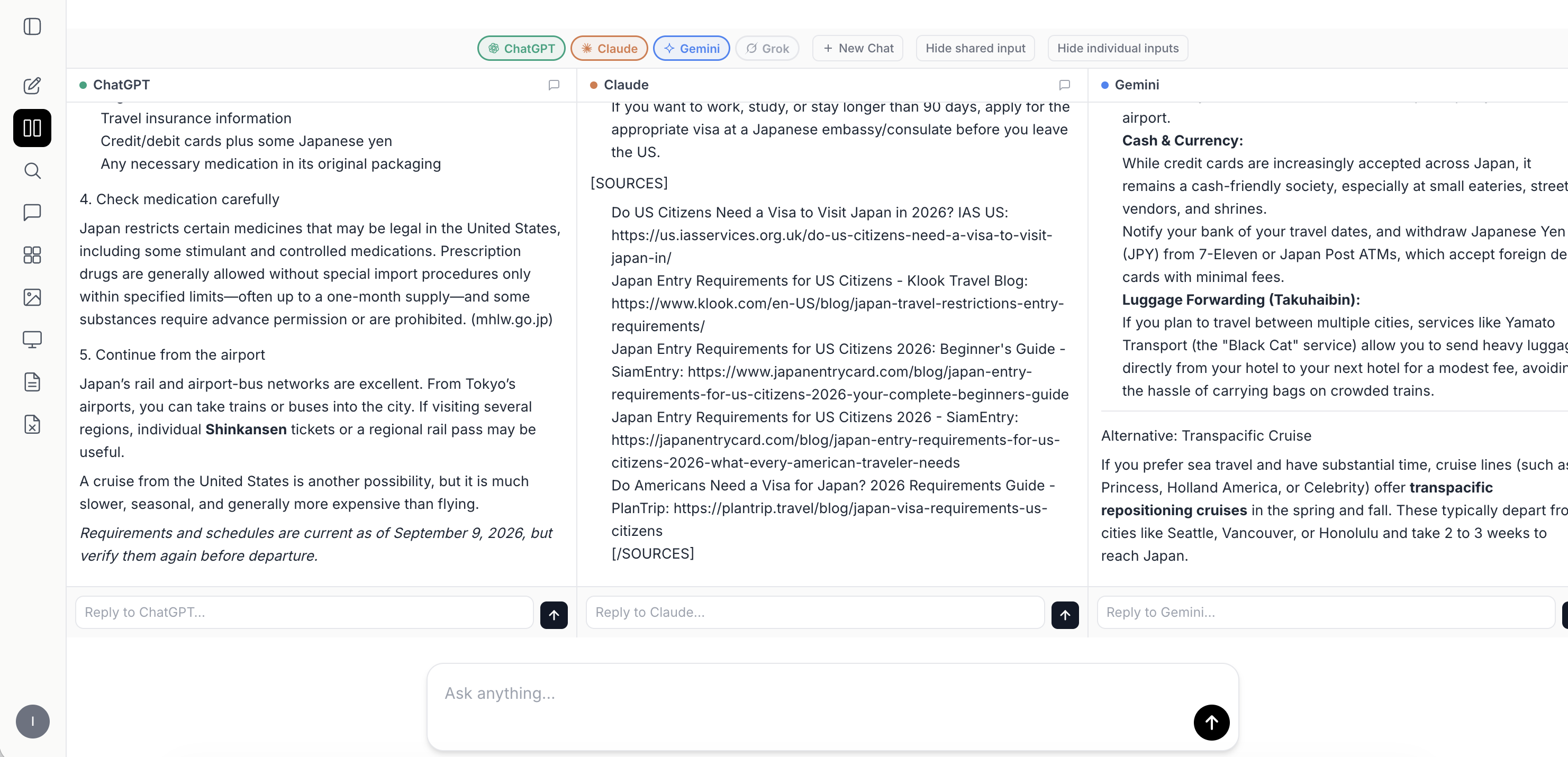 Screenshot of MultipleChat Compare Mode with multiple AI model answers side by side